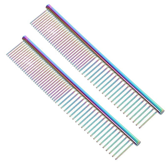 VALICLUD 2pcs Metal Pet Grooming Comb with Fine Steel Teeth for Detangling and Hair Cleaning, Rounded Ends Hair Brush for Cats and Dogs, Professional Pet Supplies for Home Use