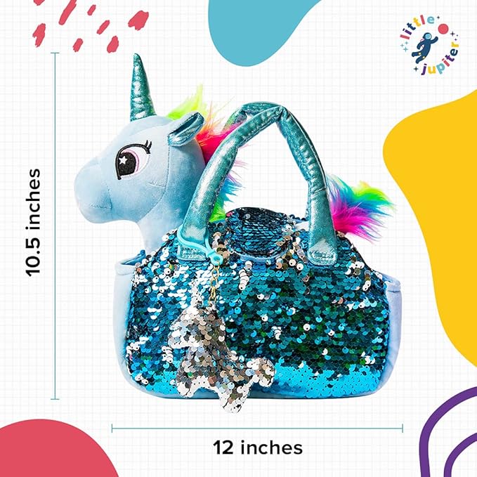 Little Jupiter Plush Pet Set w/Purse - Unicorn Stuffed Animals - Stuffed Animals for Girls - Plush Toy - S Unicorn Gift for Age 4-5 - 6-7 yrs (Light Blue)