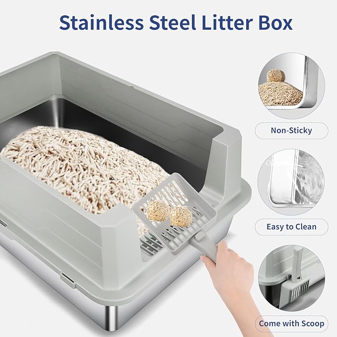 XXXL Stainless Steel Litter Box with Lid, Extra Large 28" L x 20" W x 17" H Enclosed Metal Cat Litter Box with Litter Scoop & Foot Pedal, Odor Control for Big Cats, Multiple Cats (Light Grey)