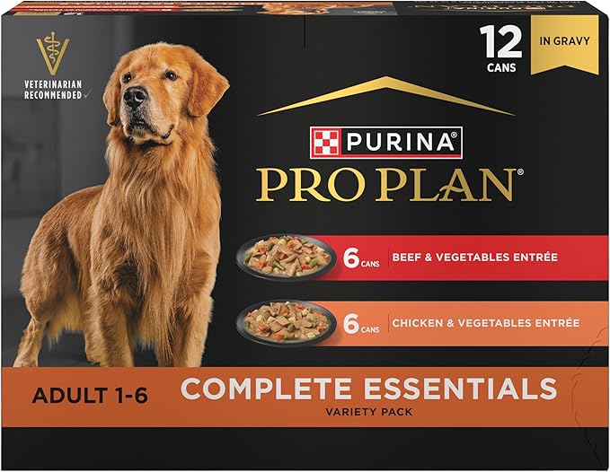 Purina Pro Plan Complete Essentials Wet Dog Food Chicken and Vegetables Entree and Beef and Vegetables Entree Variety Pack - (Pack of 12) 13 oz. Cans