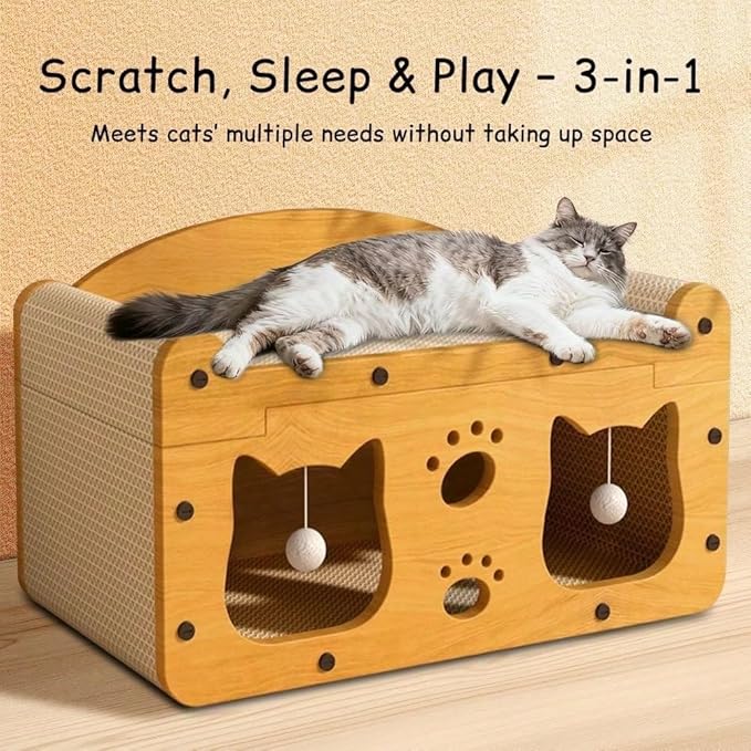 Multi-Function Cat Scratcher House Box,3-in-1 Scratch Pad and Soft Bed & Play Cave with Toys, Durable Build & Ideal for Cats/Kitty (Yellow,MD-CAT1)