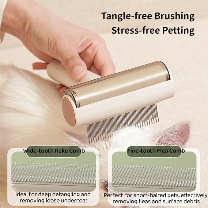 3-in-1 Pet Grooming Combs for Matted Hair Dogs/Cats,Stainless Grooming Comb with Short & Long Teeth,With a Lint Roller for Dust & Hair,Hidden Dematting Comb for Long Hair,Easy to Use and Clean Green