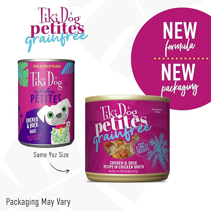 Tiki Dog Petites Grain Free Wet Dog Food, Chicken & Duck, Nutrient Dense Meat, for All Ages and Breeds, 9 oz. Can (8 Count)