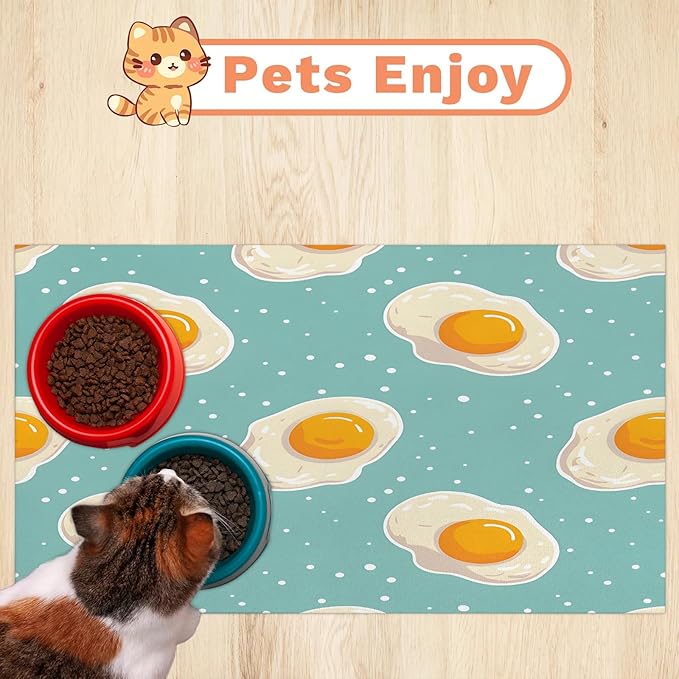 Cute Dog Food Mat for Floors Absorbent Dog Bowl Mat for Food and Water Dispenser Quick Dry Cat Food Placemat Pet Supplies 17" x 30", Egg