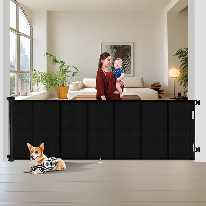 150 inch Retractable Baby Gates 42 inch Tall, Retractable Gate with Reinforced Strip Design to Prevent Crawling Through, 12 FT Extra Wide Retractable Dog Gate for Indoor/Outdoor