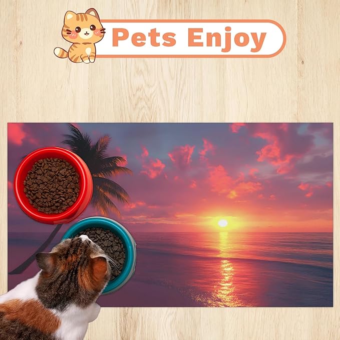 Hawaiian Sunset Dog Food Mat for Floors Absorbent, Quick Dry Water Dispenser Mat for Food, Water, Pet Supplies 17" x 30", Plam Tree