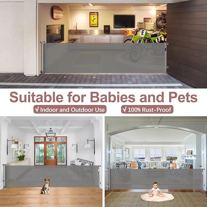 85 Inch Retractable Baby Gates Extra Wide Retractable Dog Gate for Wide Openings Indoor Outdoor Retractable Gate Mesh Dog Gates for The House Extra Wide Baby Gate Retractable Gates for Dogs, Gray