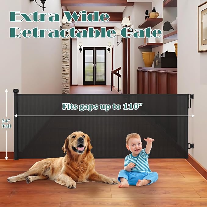 Babepai Retractable Baby Gates Extra Wide | 110" Wide x 34" Tall Dog Gates for Stairs | Indoor/Outdoor Use | Child Gates for Doorways, Deck, Porch, Hallways, Patio - Black