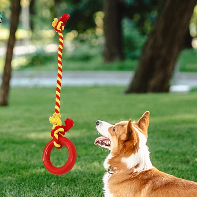 Interactive Dog Tug Toy Pets Supplies with Rings Exercise Playing Running Dog Rope Toy for Kitten Outdoor Lawn Cleaning, Red