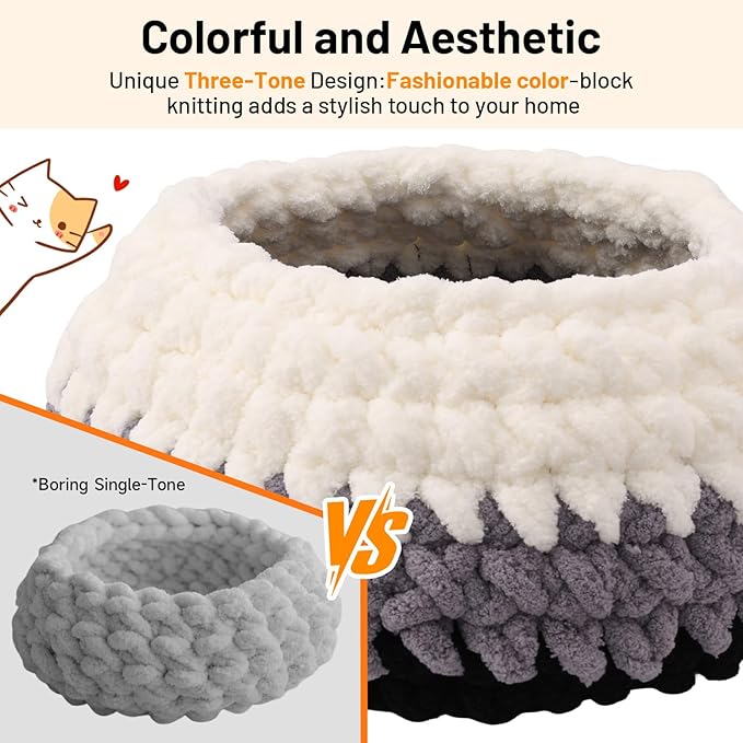 Rondo Cat Nest Handwoven Washable Cat Nest Bed Extra Soft Round Cave House Furniture for Indoor Kitten Cloud Black, White&Gray