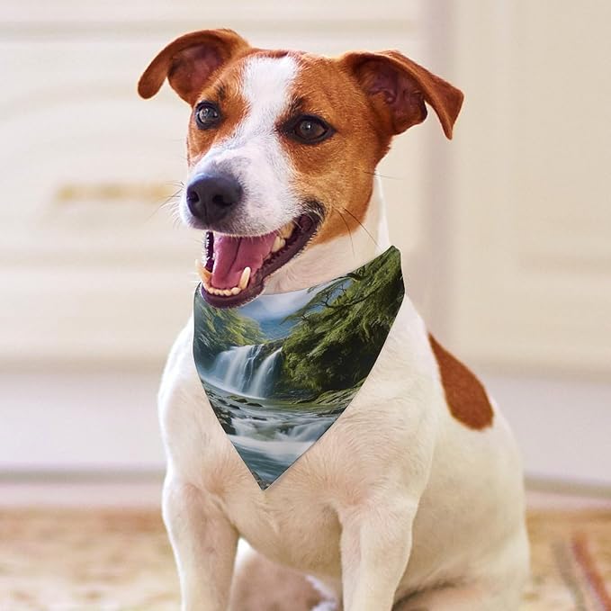 Dog Bandana Spring Pet Scarf Adjustable Triangle Waterfall Landscape Painting Printing Dog Bib Washable Polyester Puppy Bandana for Small Medium Large Dogs Cat Birthday Party Supplies