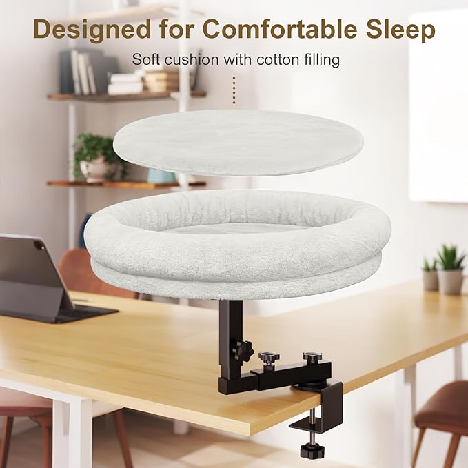 Large Cat Desk Bed, 360°Rotating & Adjustable Shelf, 18" Thickening Cat Bed for Desk, Soft Faux Fur with Mat, Suitable for Various Desktops - Maximum Hold Up to 50lb (White)