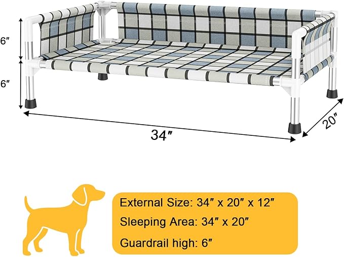 Elevated Raised Outdoor Dog Bed - Cooling Washable Dog Cot with Guardrail, Durable & Breathable Cotton Mesh Pet Hammock Beds with Stainless Steel Pipe Frame for Medium Pets (34'' x 20'' x 12'')
