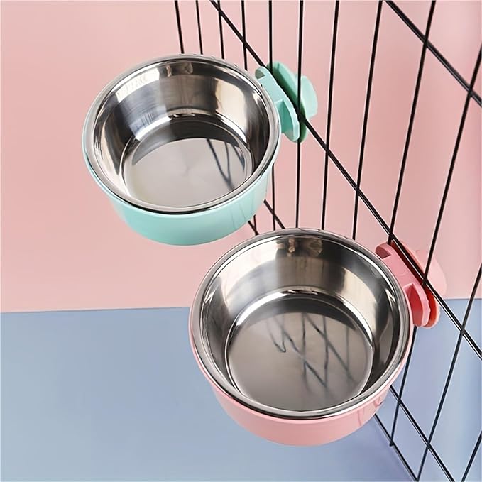 Dog Bowl Anti-tip Fixed Hanging Dog Bowl Dog Cage Stainless Steel Drinking Bowl Pet Bowl Pet Supplies(Pink,250ml)