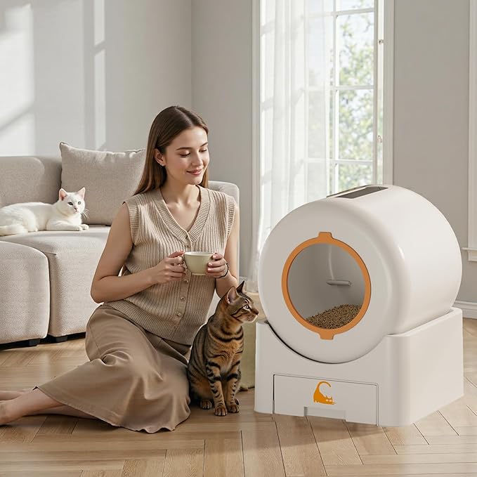 Automatic Self Cleaning Cat Litter Box, 75 L Large Capacity Smart Litter Box with Safety Sensors 1 Roll Trash Bags Included Whisper Quiet Cat Litter Box with App Remote Control for Multi Cats, White