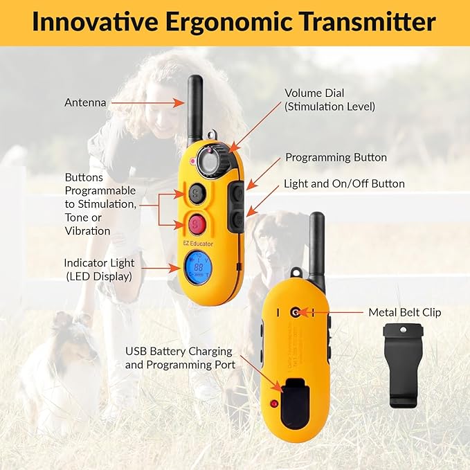 Educator EZ 1/2 Mile Dog Training Collar with Ergonomic Remote, Safe Humane Vibration Stimulation, Pavlovian Tone, Waterproof, Odorproof Biothane Collar, Night Light, Rechargeable, 4 Dog, Yellow