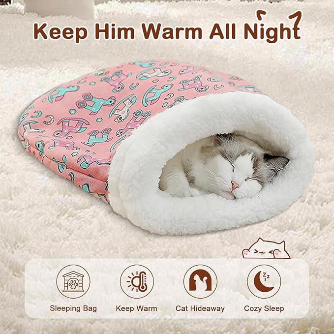 Cozy Cat Sleeping Bag, Cat Sleeping Bag for Indoor Cats, 360°Warm Cat Nap Sleeping Bag, Soft Plush Cat Sack Bed, Large Sleeping Bag for Cats up to 7.5Kg/16Lbs-Pink