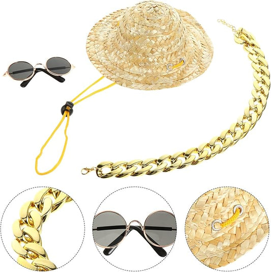 SOLUSTRE Pet Dog Accessories Set 3pcs Straw Sun Hat with Sunglasses and Puppy Necklace for Outdoor Protection and Stylish Pet Supplies