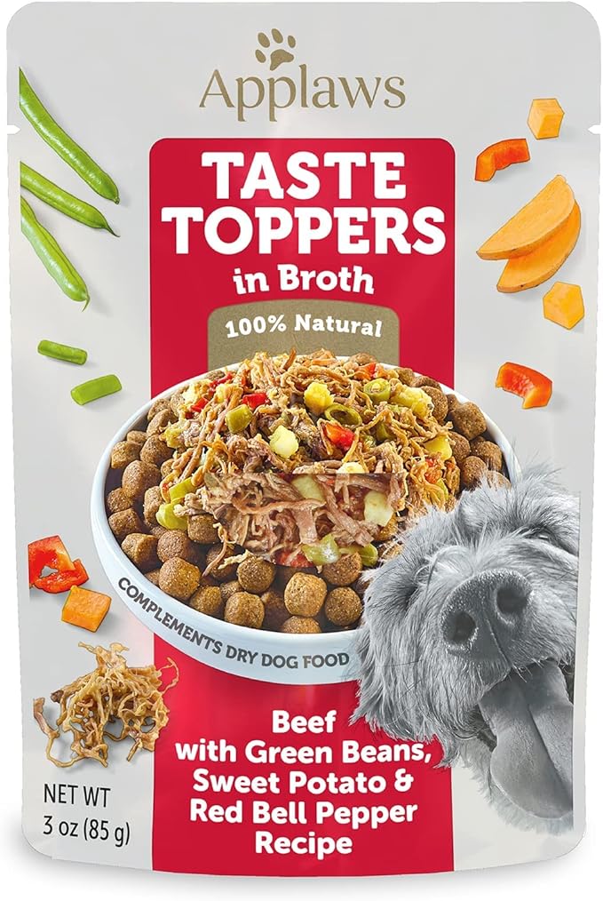 Applaws Taste Toppers, Limited Ingredient Dog Food Topper, Beef with Green Beans, Sweet Potato & Red Pepper in Broth (12 x 3oz Pouches)