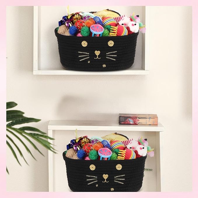 Zopeal 58 Pcs Easter Cat Storage Basket Gift Toys Set, Colorful Flashing Balls Pet Bell Crinkle Balls Spring Toys Attract Cat to Swat, Hunt, Interactive for Pet(Black,9.8 Inch)