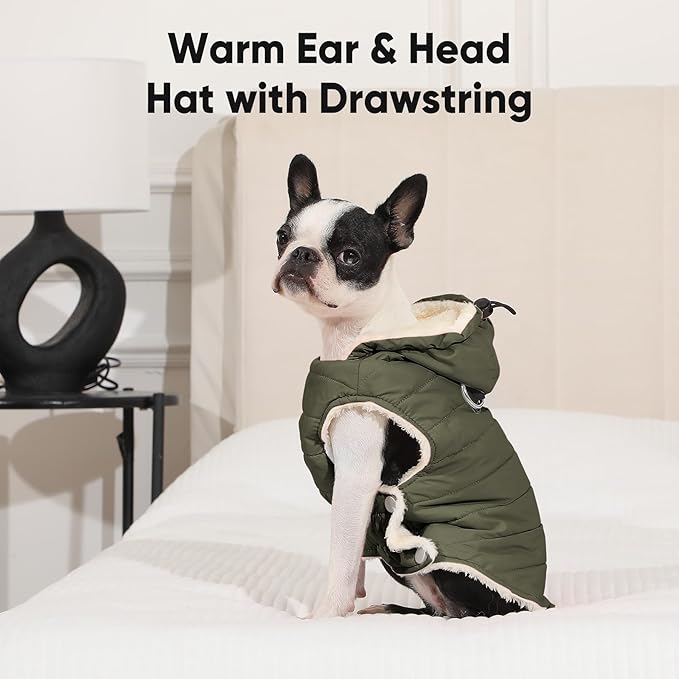 Fleece Lining Dog Hoodie with Harness Built in,Extra Warm Large Dog Jacket in Winter Doggie Coats with Drawstring Hooded,Green XXXL