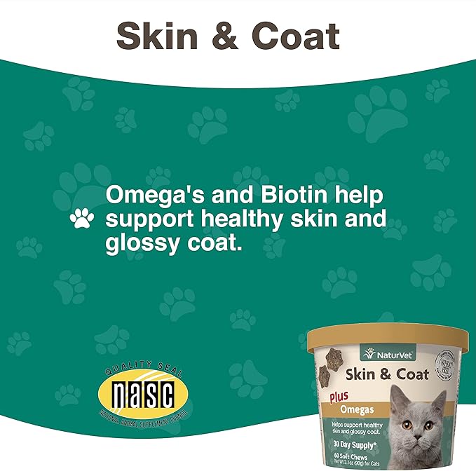 NaturVet – Skin & Coat Plus Omegas for Cats – 60 Soft Chews | Supports Healthy Skin & Glossy Coat | & VitaPet Senior Daily Vitamins for Cats, Formulated to Provide Essential Minerals, 90 g, 60 Count