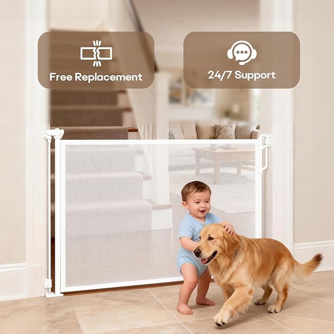 Retractable Safety Baby Gate or Mesh Dog Gate,Durable Portable Mesh Retractable Gate,Easy to Use for Stairs, Doorways, Hallways, Indoor, Outdoor, 33.5" Tall, Up to 45" Wide, White
