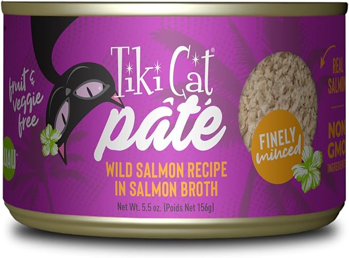 Tiki Cat Luau Pâté, Wild Salmon Recipe in Salmon Broth, Grain-Free Balanced Nutrition Wet Canned Cat Food, for All Life Stages, 5.5 oz. Cans (Pack of 8)