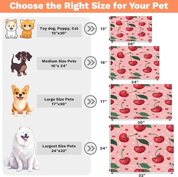 Pink Cherry Dog Food Mat for Floors Absorbent Dog Bowl Mat for Food and Water Dispenser Quick Dry Cat Food Placemat Pet Supplies 24" x 32", Cute Fruit