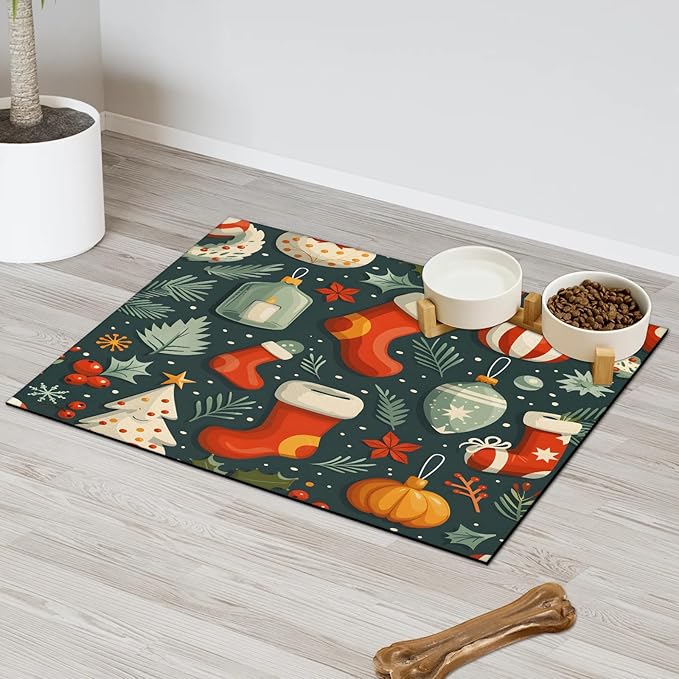 Christmas Sock Dog Food Mat for Floors Absorbent, Quick Dry Water Dispenser Mat for Food, Water, Pet Supplies 24" x 32", Xmas Tree