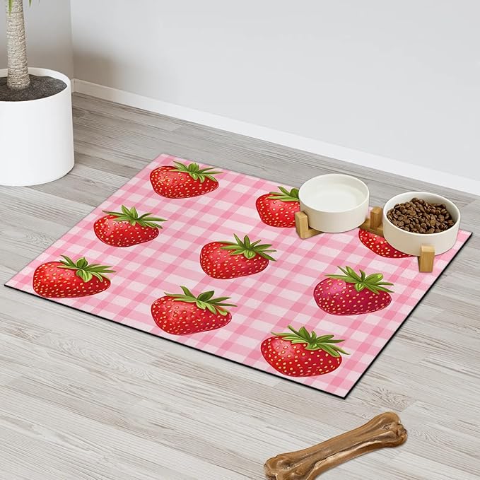 Strawberry Dog Food Mat for Floors Absorbent Dog Bowl Mat for Food and Water Dispenser Quick Dry Cat Food Placemat Pet Supplies 17" x 30", Check