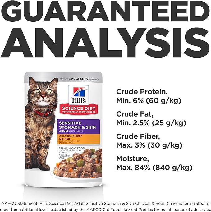 Hill's Science Diet Sensitive Stomach & Skin, Adult 1-6, Stomach & Skin Sensitivity Support, Wet Cat Food, Chicken & Beef Stew, 2.8 oz Pouch, Case of 24