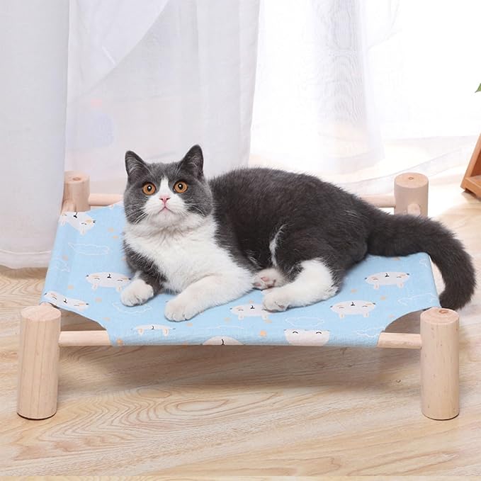 Pozico Cat & Dog Hammock Bed – Wooden Elevated Pet Cot with Breathable Mesh – Raised Cat Bed for Small Pets, Portable Puppy Bed Indoor & Outdoor Use – Blue Rabbit Design