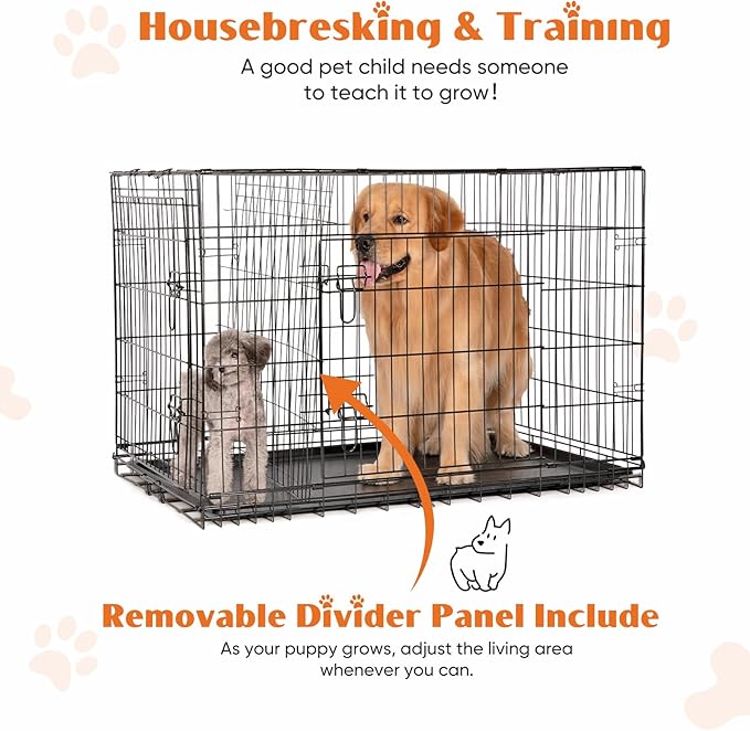 Sweetcrispy 42 Inch Dog Crate, Medium Large Crates Double Door Folding Metal Wire Dog Cage with Plastic Leak-Proof Pan Tray, Pet Kennel for Indoor, Outdoor, Travel