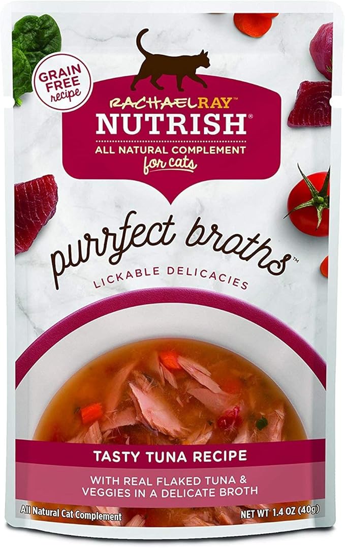 Rachael Ray Nutrish Purrfect Broths Wet Cat Food, Tasty Tuna Recipe with Flaked Tuna & Veggies, 1.4 Ounce Pouch (Pack of 24), Grain Free