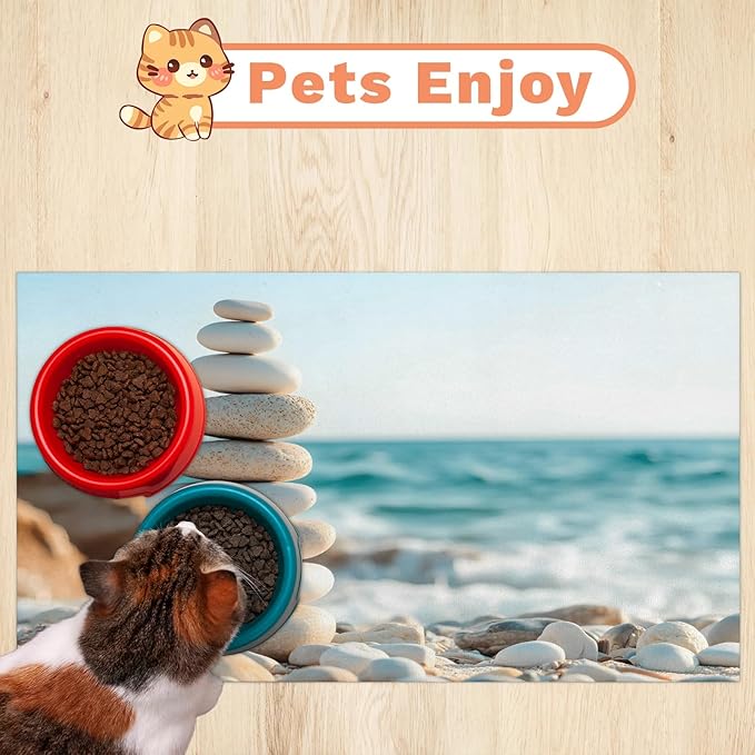 Stone Dog Food Mat for Floors Absorbent, Quick Dry Water Dispenser Mat for Food, Water, Pet Supplies 16" x 24", Beach Ocean