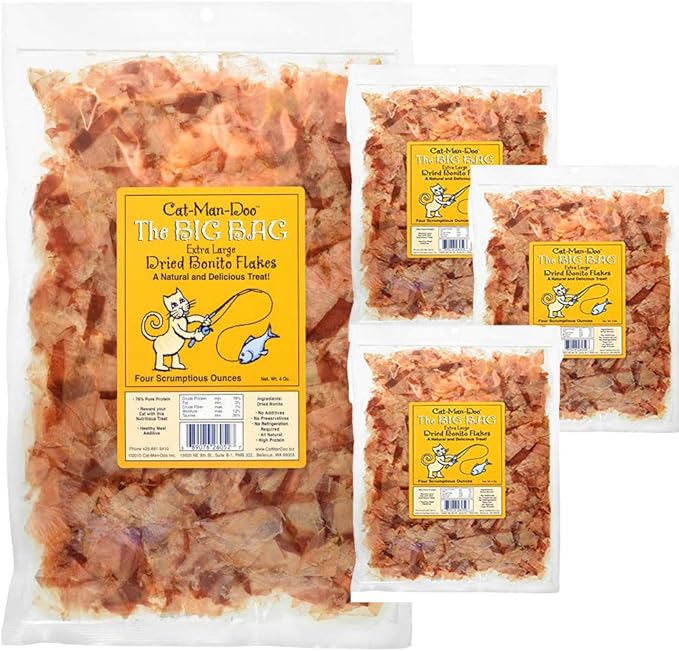 Cat-Man-Doo Extra Large Dried Bonito Flakes Treats for Dogs & Cats - All Natural High Protein Flakes - 4oz Bag (4 Pack)