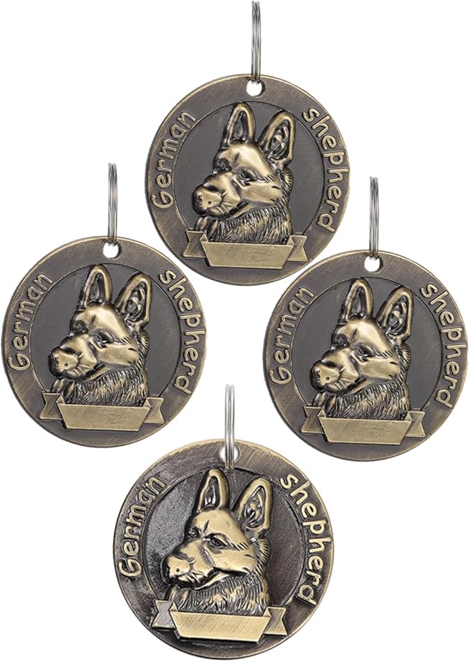 Toyvian 4pcs Vintage Alloy Dog Collar Id Tags Retro Pet Identity Tags for German Shepherd, Sturdy Metal Hanging Name Plates for Dog Supplies and Identification