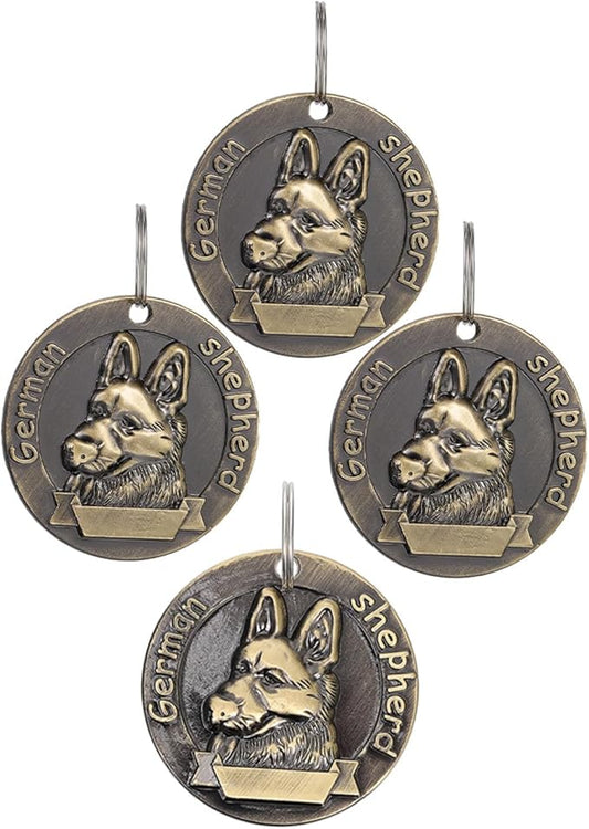 Toyvian 4pcs Vintage Alloy Dog Collar Id Tags Retro Pet Identity Tags for German Shepherd, Sturdy Metal Hanging Name Plates for Dog Supplies and Identification