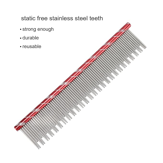 Pet Hair Removal Comb, Stainless Steel Cat Grooming Tool with Dual - Density Teeth, Open Knot Comb for Long and Short Haired Cats, Ergonomic Non - Slip Handle (Red)