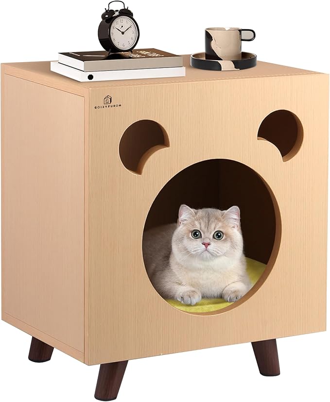 Cat End Table Aluminum Bed Table, Nightstand, Cat Houses for Indoor and Outdoor with Cabinet Legs and Countertop, Weatherproof, Burlywood