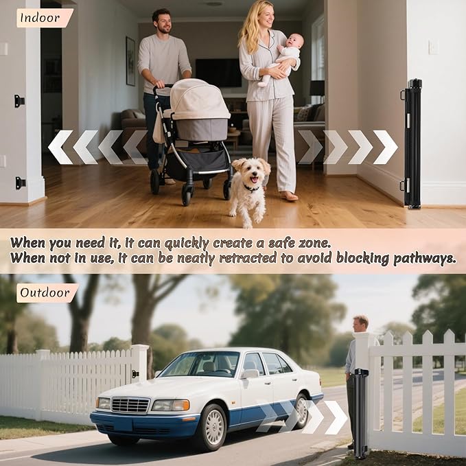 200 inch Retractable Baby Gates 37 inch Tall, Retractable Gate with Reinforced Strip Design to Prevent Crawling Through, 16 FT Outdoor Retractable Gates, Extra Wide Retractable Gate for Garage