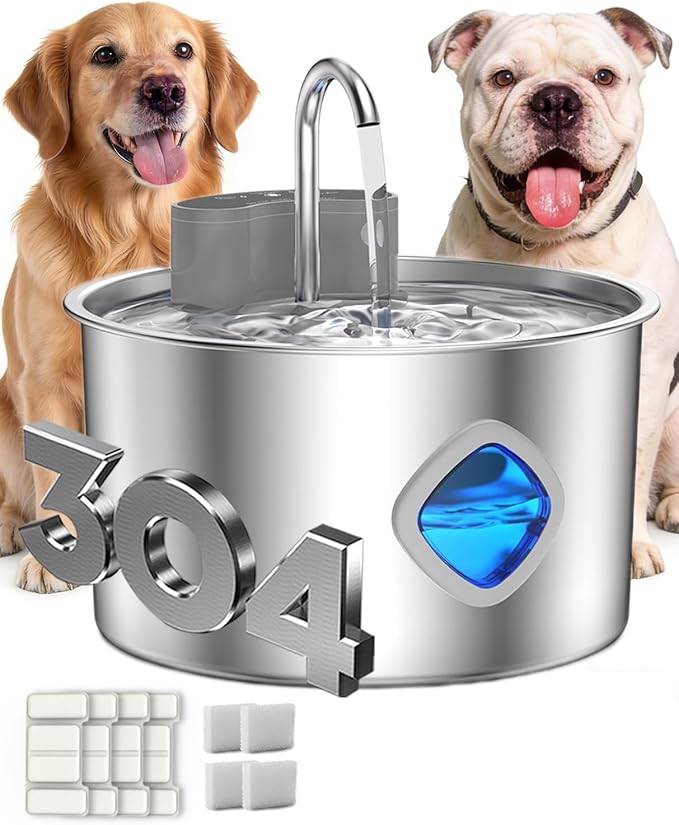 Dog Water Bowl, 3.2L Cordless Dog Water Fountain Bowl, 3 Smart Dispensing Modes, Quad Filtration & Continuous Water Flow, Stainless Steel Easy-to-Clean, Quiet Pump (Rechargeable+4Set Filter)