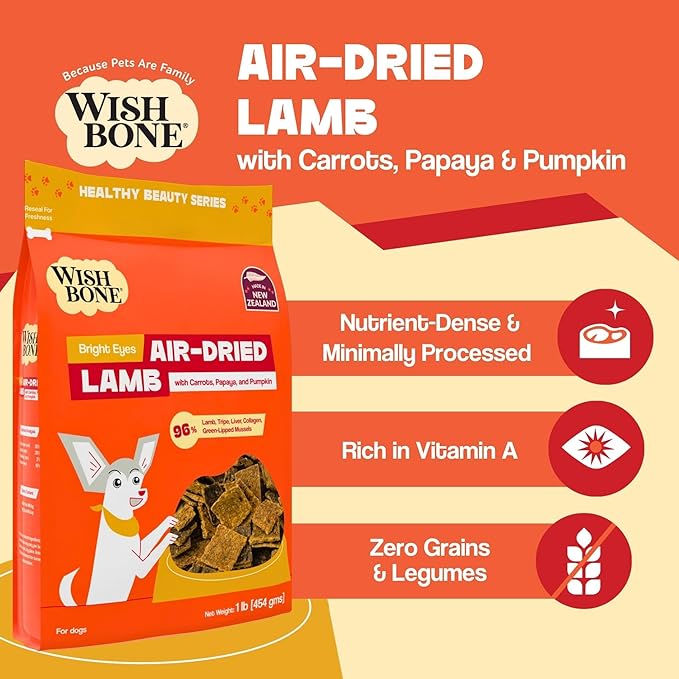 Wishbone Air-Dried Lamb Dog Food - High-Protein Grain-Free Lamb Recipe with Superfoods for Eye & Overall Health, Made in New Zealand - 1lb