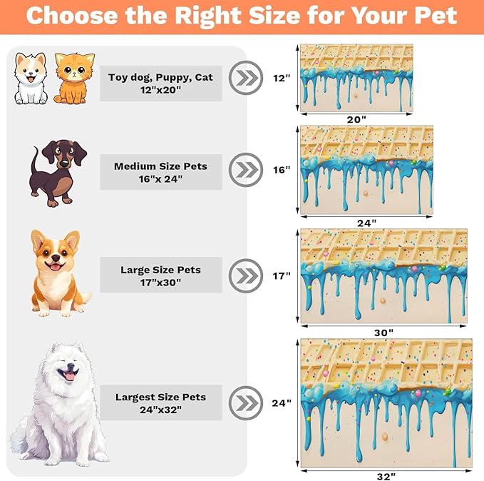 Blue Ice Cream Dog Food Mat for Floors Absorbent Dog Bowl Mat for Food and Water Dispenser Quick Dry Cat Food Placemat Pet Supplies 24" x 32", Sweet Donut