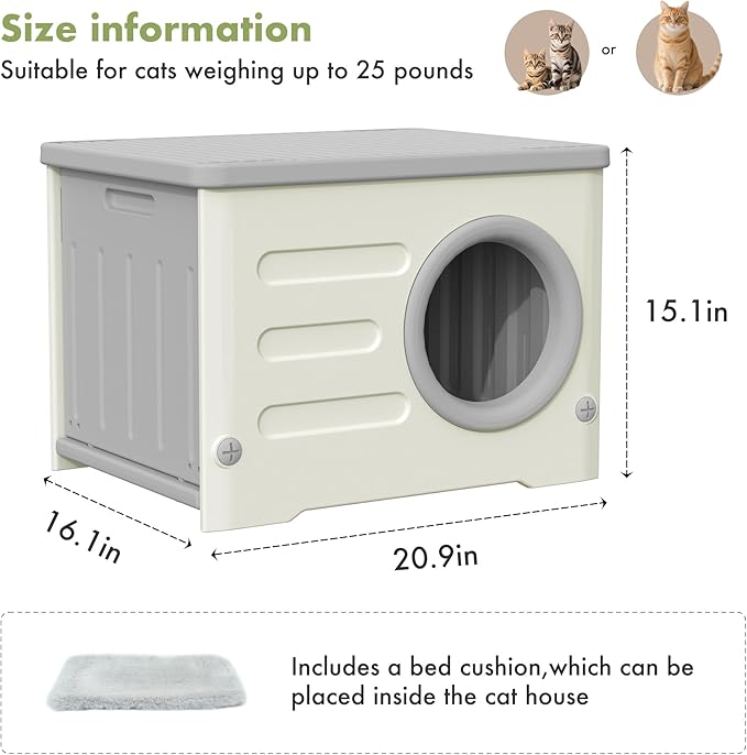 Outdoor Cat House-Weatherproof Heavy-Duty & Sturdy Feral Cat Shelter, Insulated Elevated Stackable Plastic Cave for Outdoor/Indoor Use with Cushion (Grey)