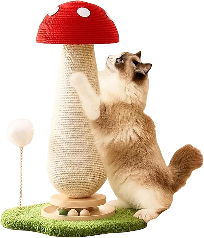 Sisal Mushroom Cat Scratchers Post Spring Ball Track,Scratcher for Indoor Adults Cats, Kitty Tree,Durable Toy,Kitten Tower with Durable Solid Wood,25.2''-Red