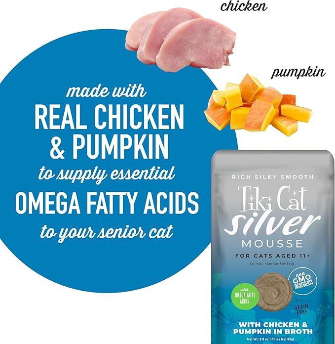 TIki Cat Silver Mousse, With Chicken & Pumpkin In Broth, Silky Smooth Nutrient Rich Formulated for Older Cats Aged 11+, 2.9 oz. Pouch (12 Count)