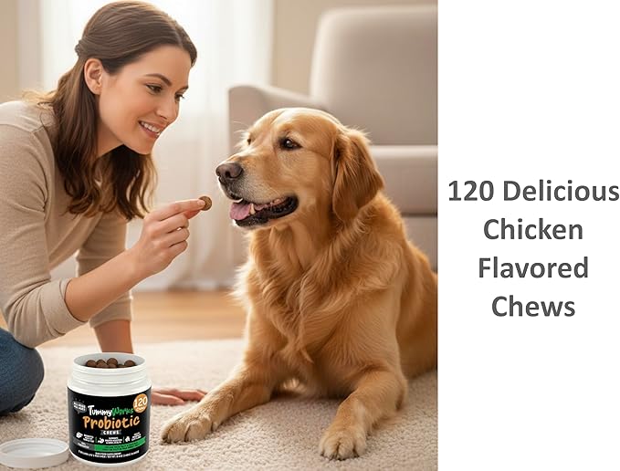 TummyWorks Probiotics for Dogs. 120 Probiotic Soft Chews for Digestive Health, Gut, Immunity, Energy, Allergies, Skin & Coat. 10 Strains, 5 Billion CFUs with 6 Enzymes. Made in USA