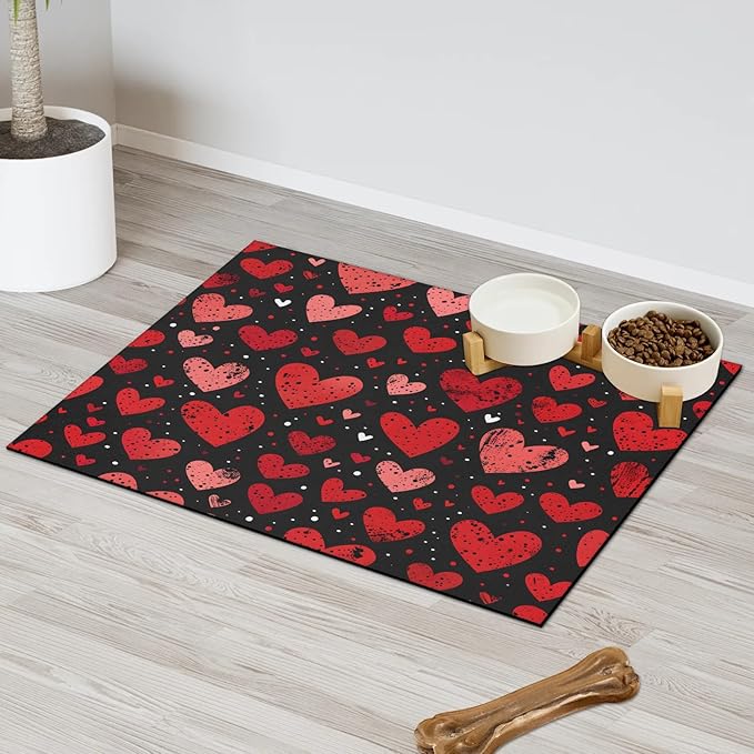 Valentines Dog Food Mat for Floors Absorbent, Quick Dry Water Dispenser Mat for Food, Water, Pet Supplies 17" x 30", Colorful Candy Heart